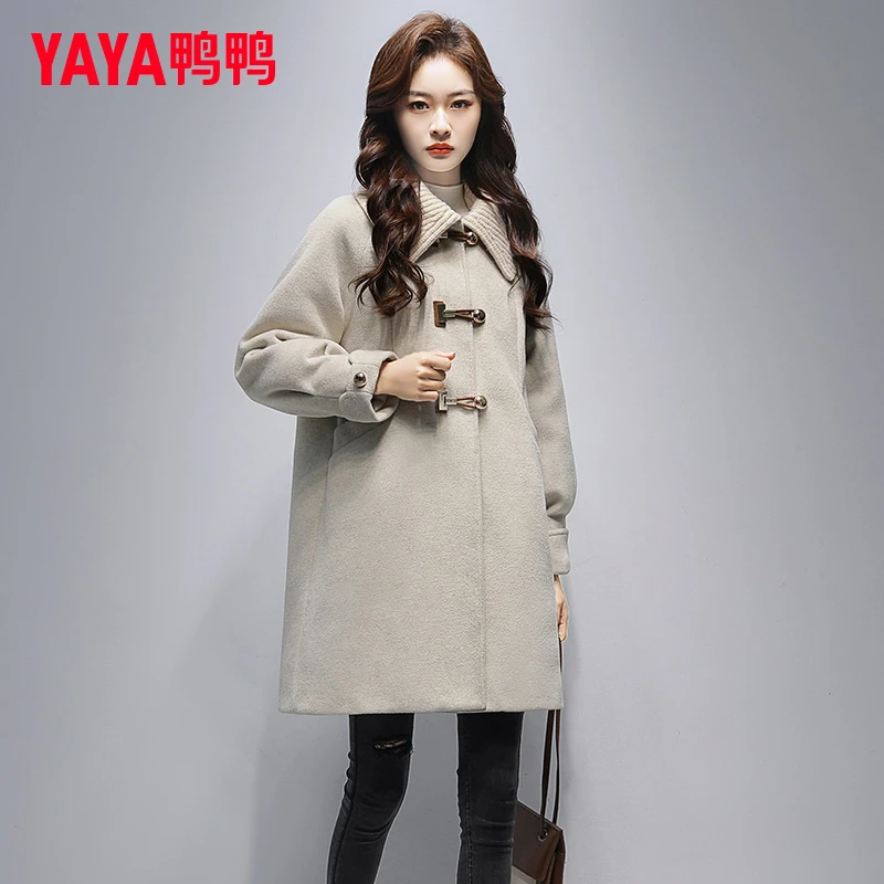 鸭鸭冬季毛呢外套女中长款时尚可拆卸针织翻领小香风2024新款