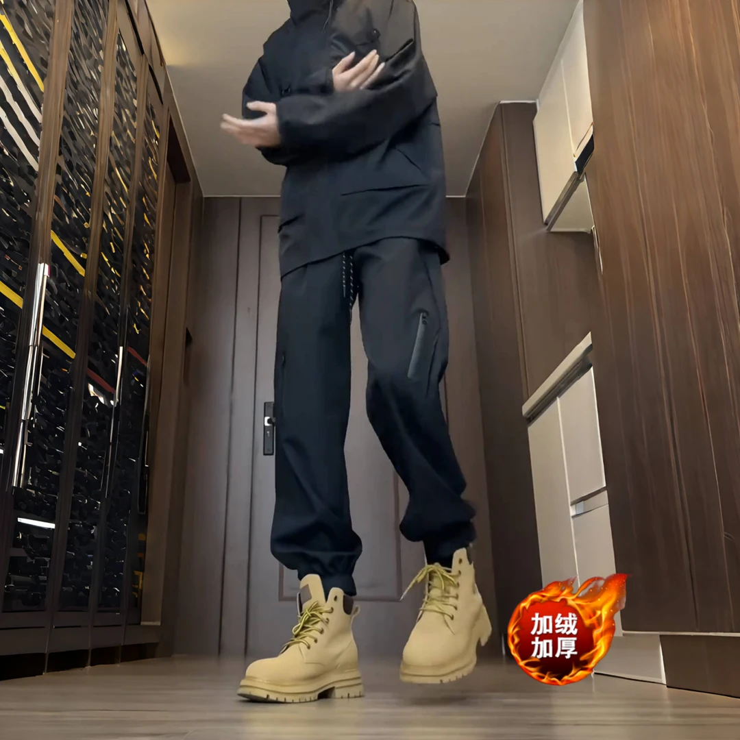 美式机能冲锋裤男秋冬加绒加厚工装休闲裤宽松直筒马丁靴专用裤子