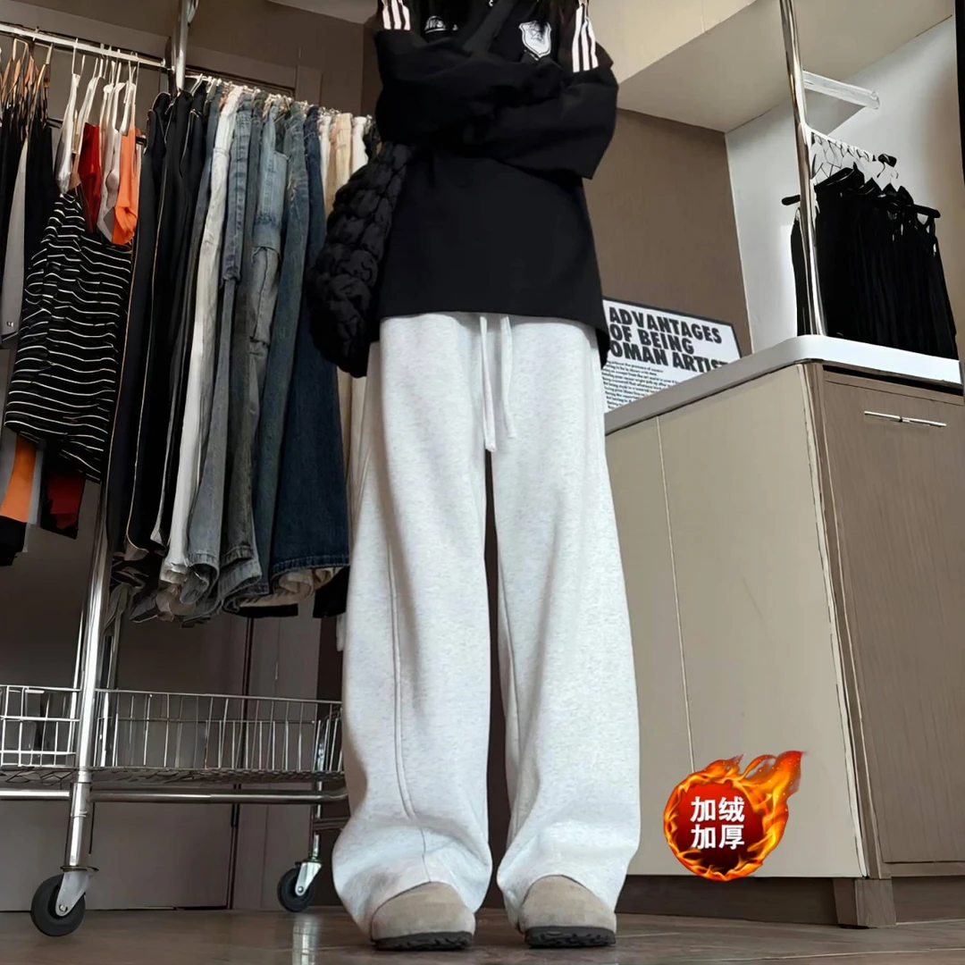 美式高街弯刀裤男女秋冬加绒加厚防寒潮牌阔腿运动百搭直筒卫裤