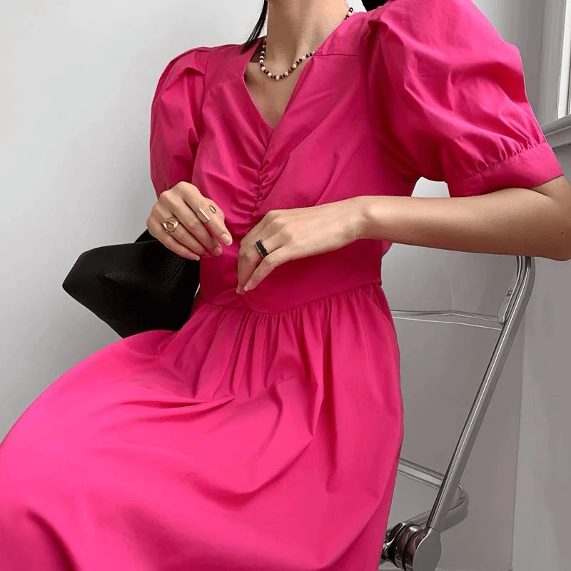 Z-1 RWDB220抽褶设计泡泡袖三色显瘦连衣裙