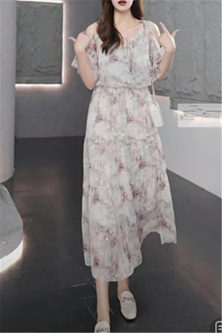 2024新款夏季法式轻奢碎花时尚印花设计师百搭收腰女装优雅连衣裙