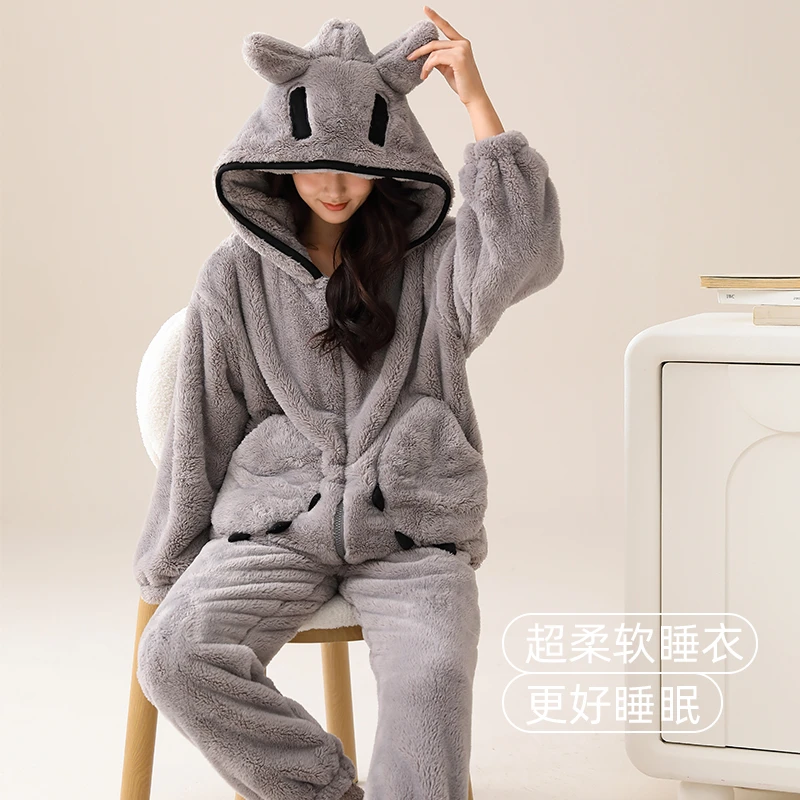 珊瑚绒睡衣女冬季套装保暖休闲连帽冬天网红加厚加绒女式家居服
