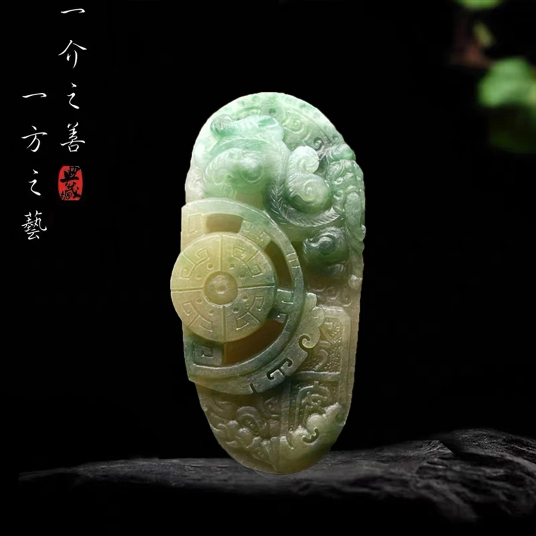 恒荣翡翠工作室定制展示：糯冰黄加绿《螭龙献瑞》私人订制雕刻产品