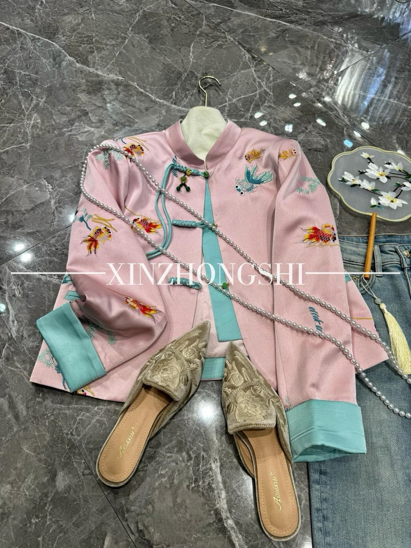 锦鲤鱼刺绣新中式醋酸外套 秀气精致的设计上衣特价