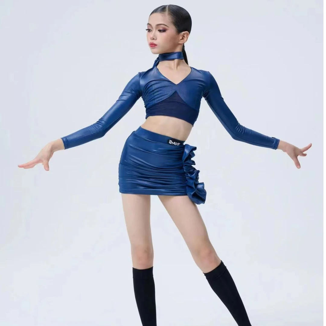 WAVE少儿新款拉丁舞服国标舞服练习扇边裙分体套装长袖拉丁舞7028