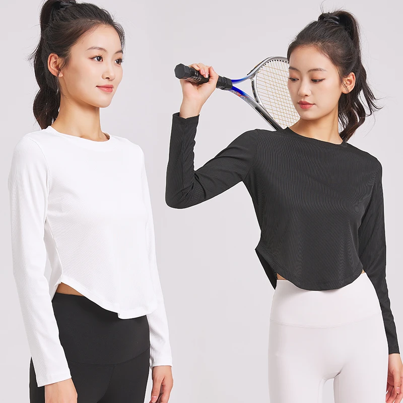 运动健身跑步上衣U型下摆T桖打底衫长袖女