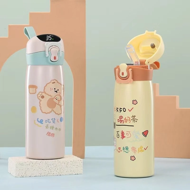 316不锈钢高颜值儿童保温杯弹盖智能显温双层水杯可爱学生吸管杯