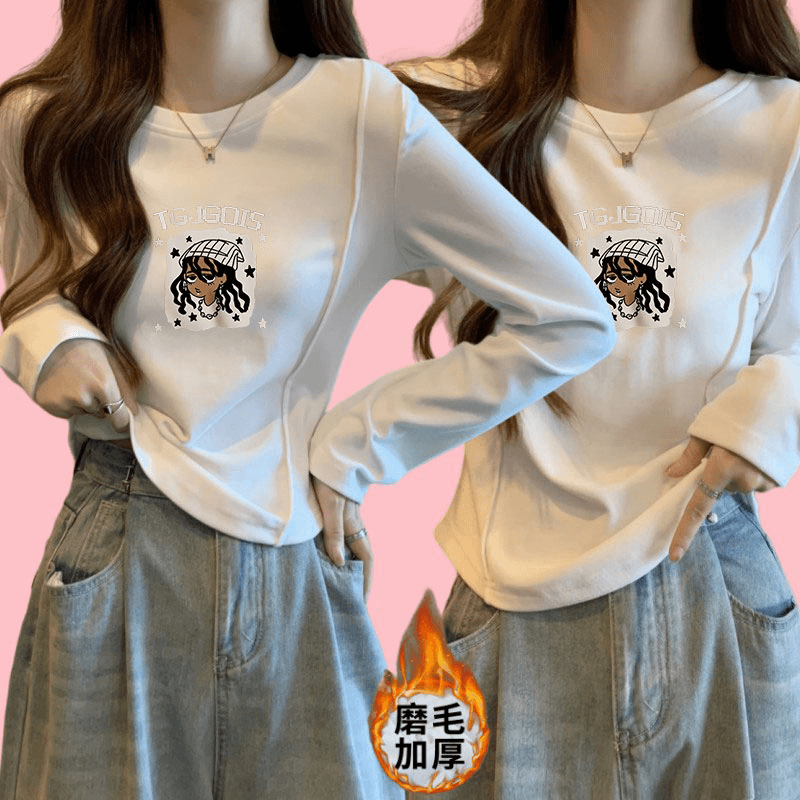 别致圆弧形短款T恤女长袖秋冬装内搭加厚磨毛德绒打底衫上衣FHGJd