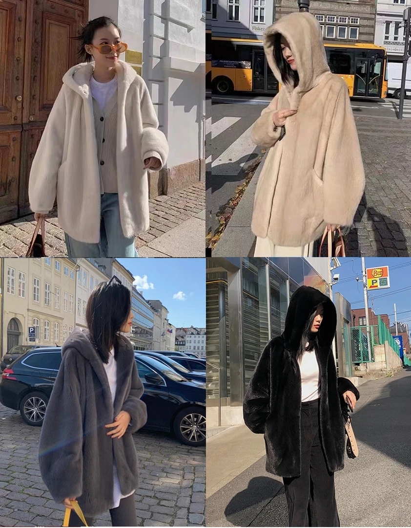 韩版中长款连帽绒毛外套皮毛一体秋冬毛绒绒外套宽松毛毛衣外套