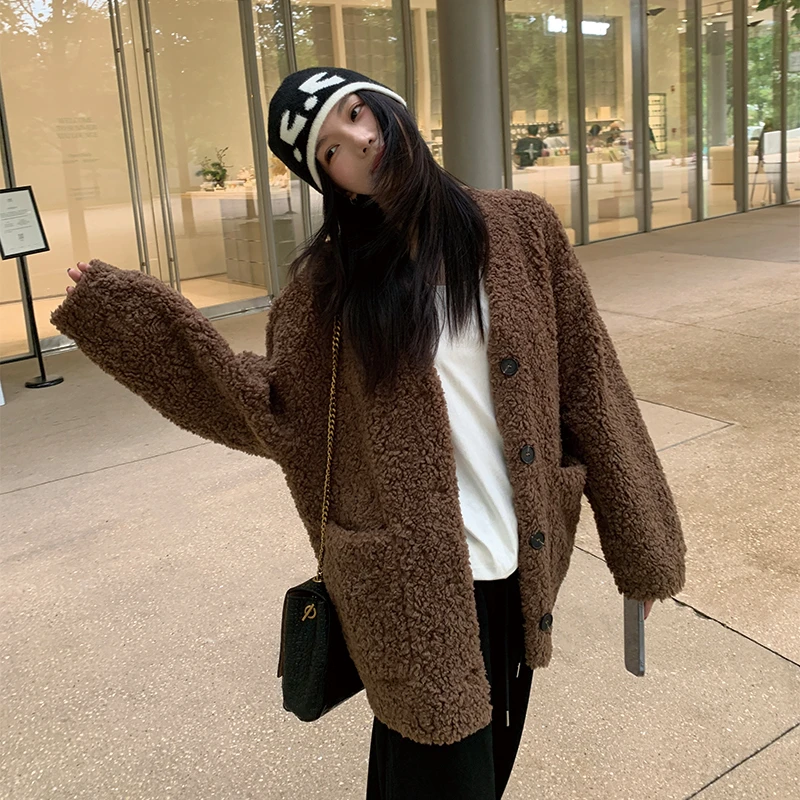 EQED毛毛外套女环保加厚冬季毛绒绒V领中长款宽松慵懒风韩版大衣