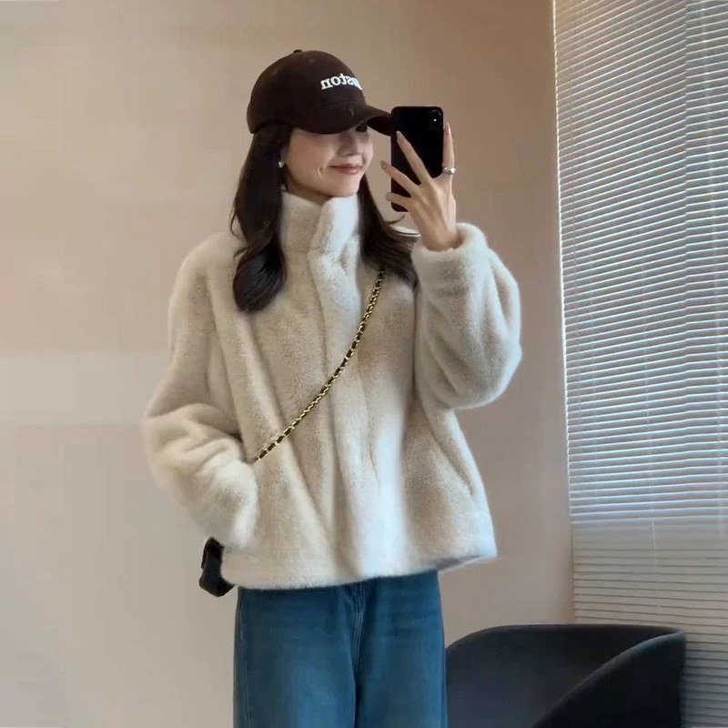 海宁新款皮毛一体外套女冬季立领加厚环保毛毛外套短款上衣