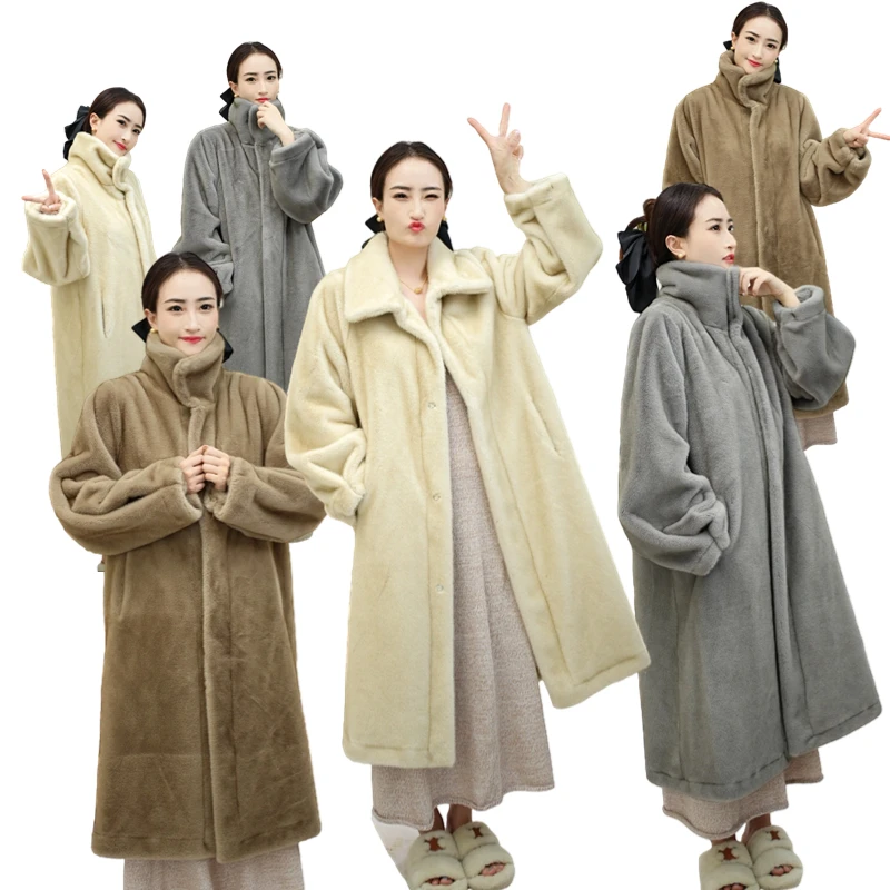 秋冬立领韩版慵懒网红风时尚加厚冬季中长款过膝宽松百搭毛毛外套