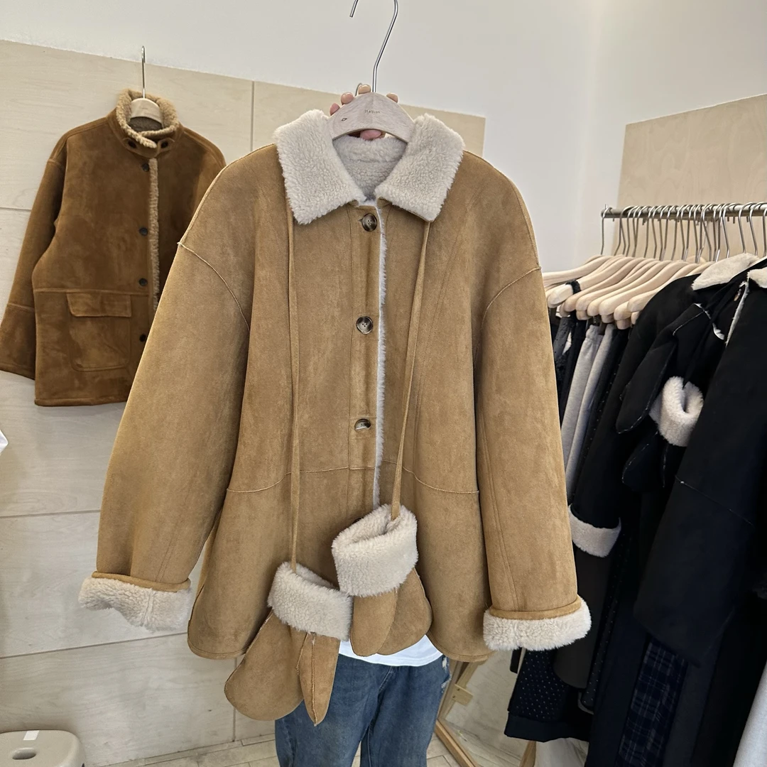 EQED(配手套)羊羔毛保暖两面穿翻领中长款拉贡皮毛一体毛毛外套