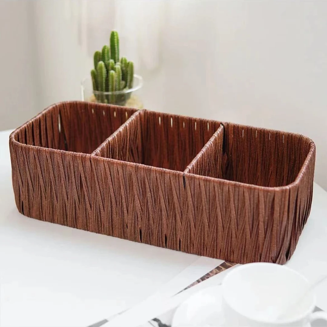 客厅桌面收纳盒编织筐三格食杂物置物篮家用方形面膜筐收纳筐