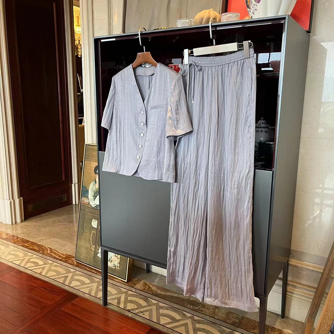 MYL 棉混纺西装套装2023夏季新品V领短袖上衣中腰长裤