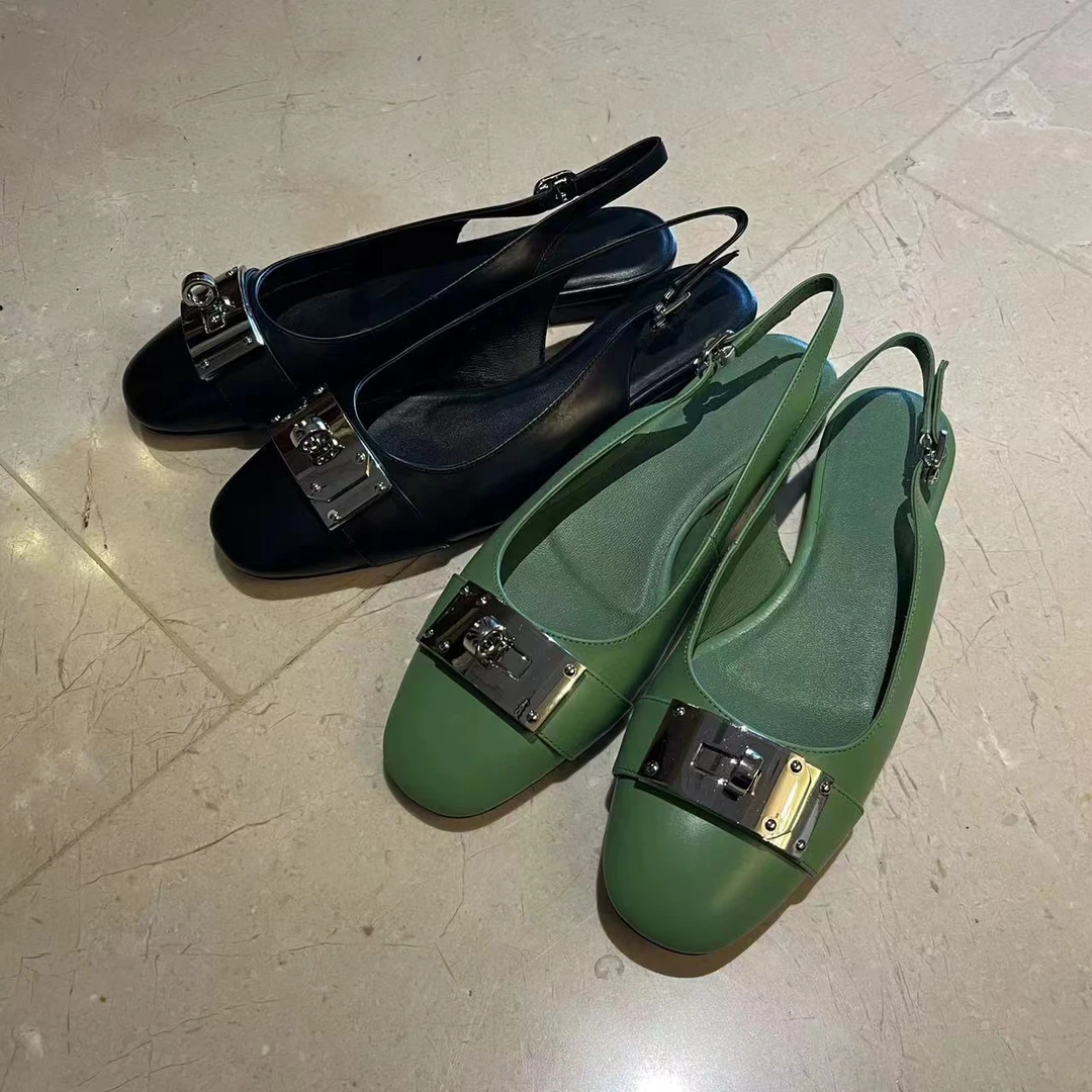 MYL 2024夏季新品胎牛皮绿色凉鞋时尚套胶休闲浅口低跟圆头女鞋