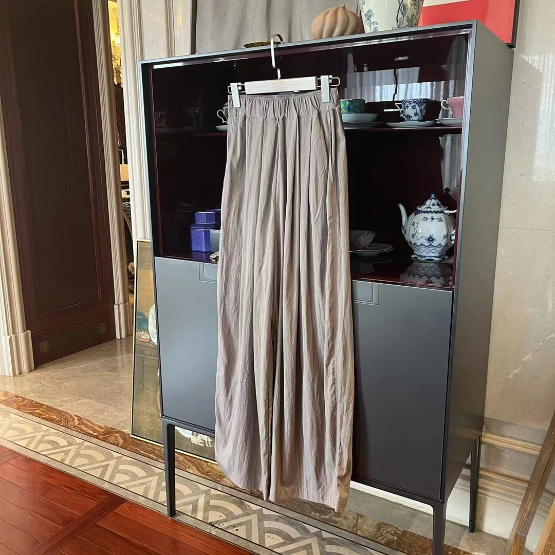 MYL 丝棉卡其休闲裤2023夏季新品中腰直筒阔腿褶皱时尚长裤女