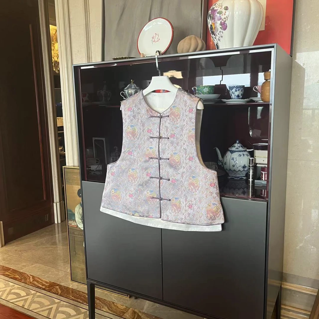 MYL 2024春季新桑蚕丝紫色提花马甲圆领麒麟单排扣中式上衣