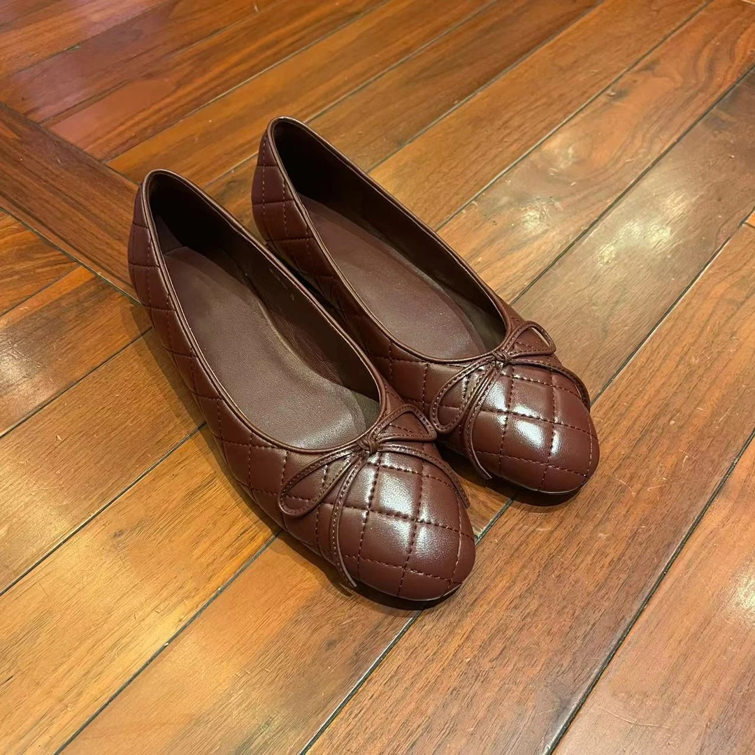 MYL 2024春季进口小羊皮酒红色单鞋休闲真皮软底蝴蝶结女鞋