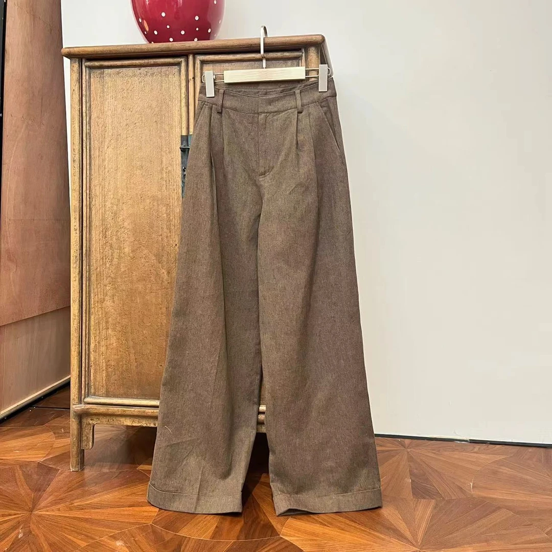 MYL 2024秋季新品棉麻休闲裤咖色中腰直筒长裤纯色百搭休闲裤