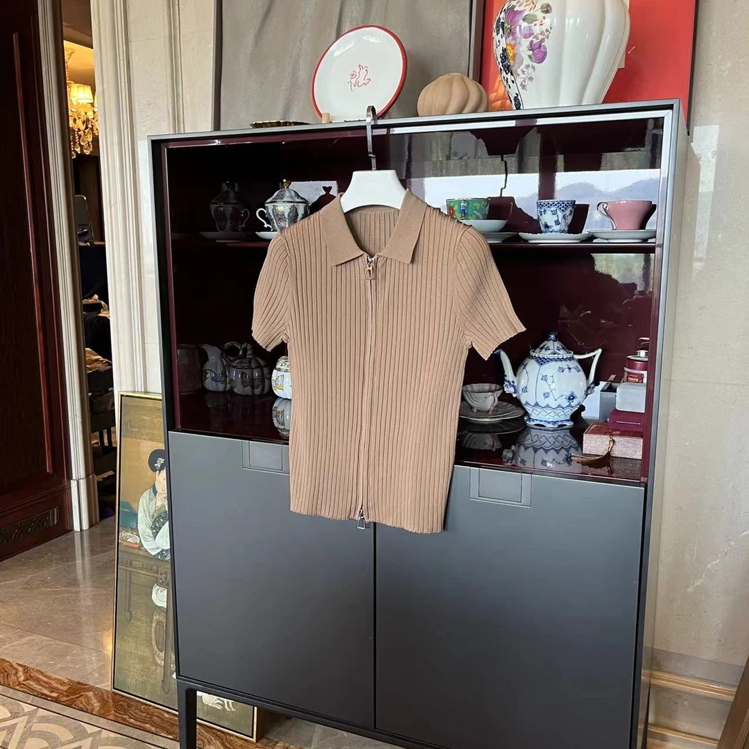 MYL 2024春季新品粘胶驼色针织开衫翻领短袖拉链休闲纯色上衣