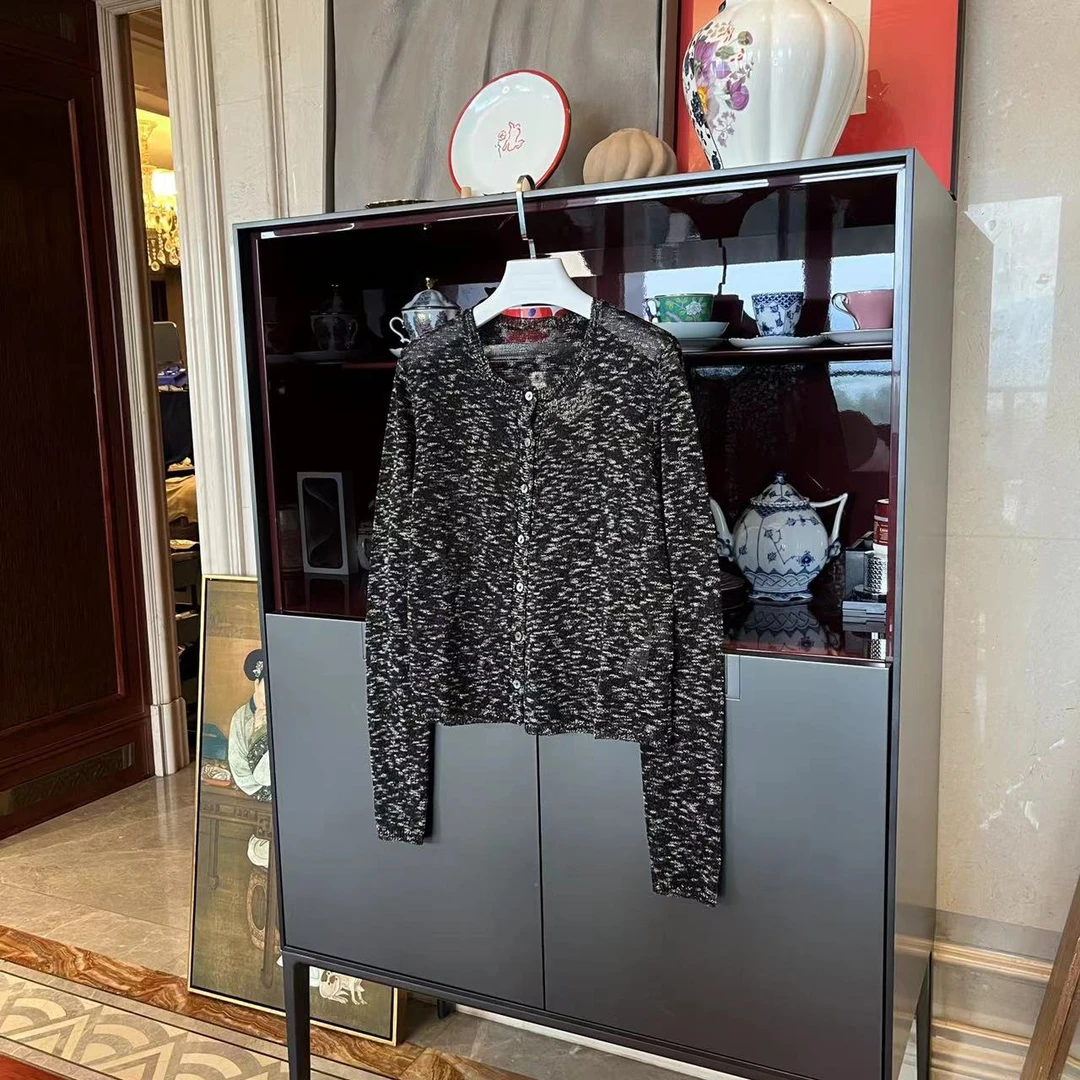 MYL 2024春夏新品棉类混纺黑色针织开衫圆领长袖单排扣休闲上衣