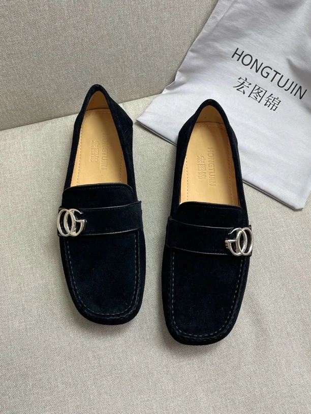 HONGTUJIN男士黑色真皮舒适软底春季休闲软底真皮皮鞋豆豆鞋