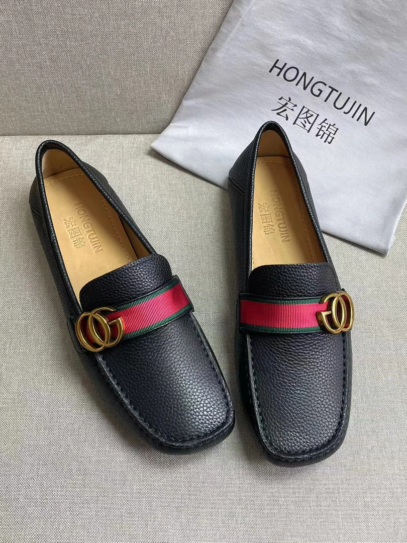 HONGTUJIN舒适男鞋经典百搭软底软面真皮时尚黑色平底真皮豆豆鞋