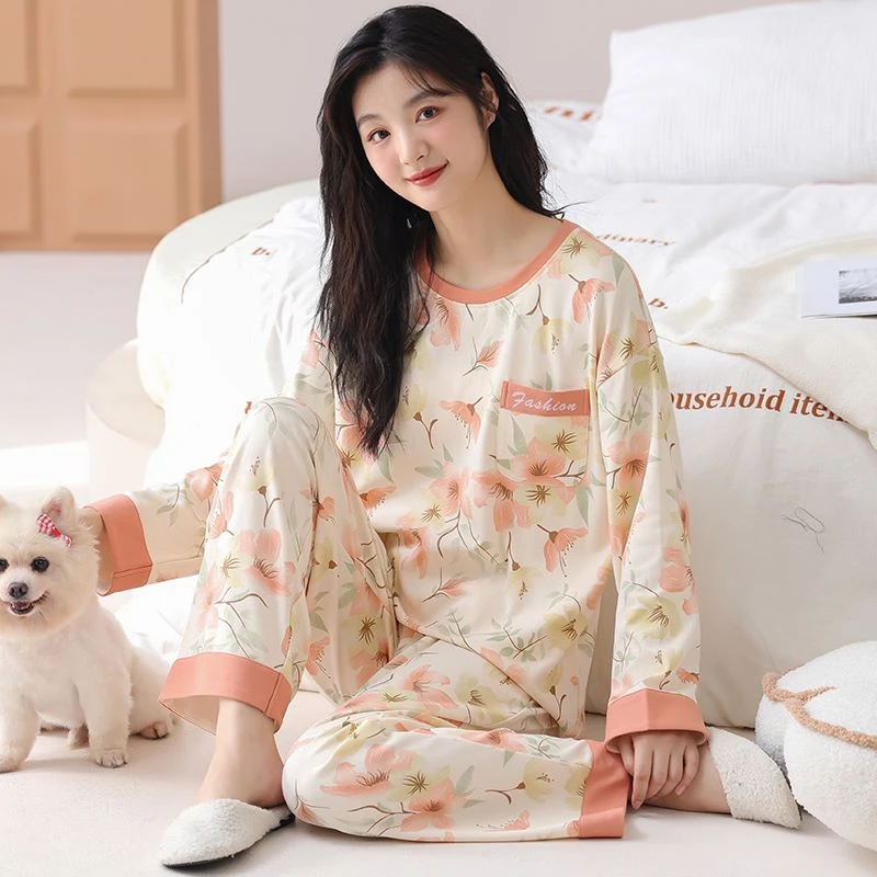 秋款纯棉【玉兰花～长袖长裤】秋季新品舒适家居服套装可外穿8727