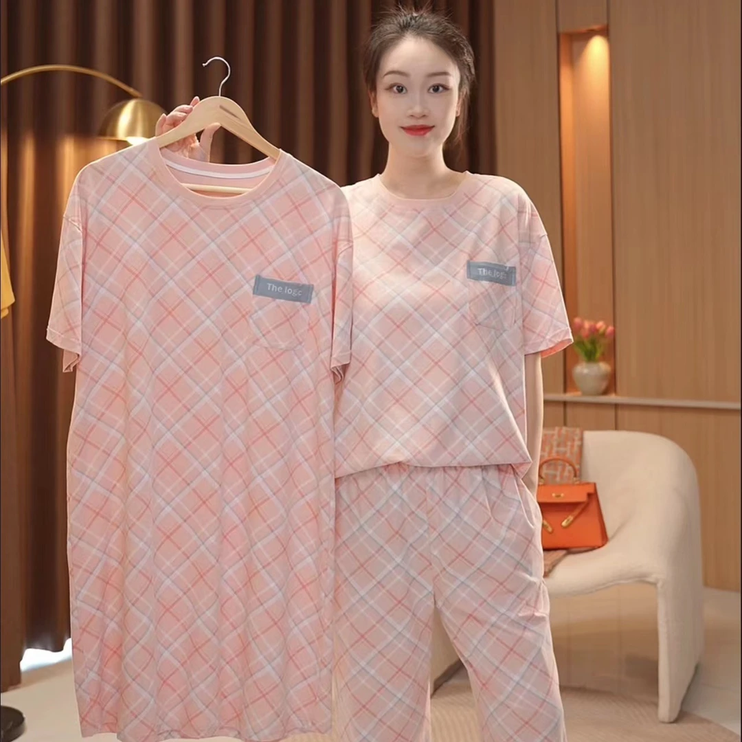纯棉【摩登粉格～拍一发三】舒适宽松家居服套装可外穿