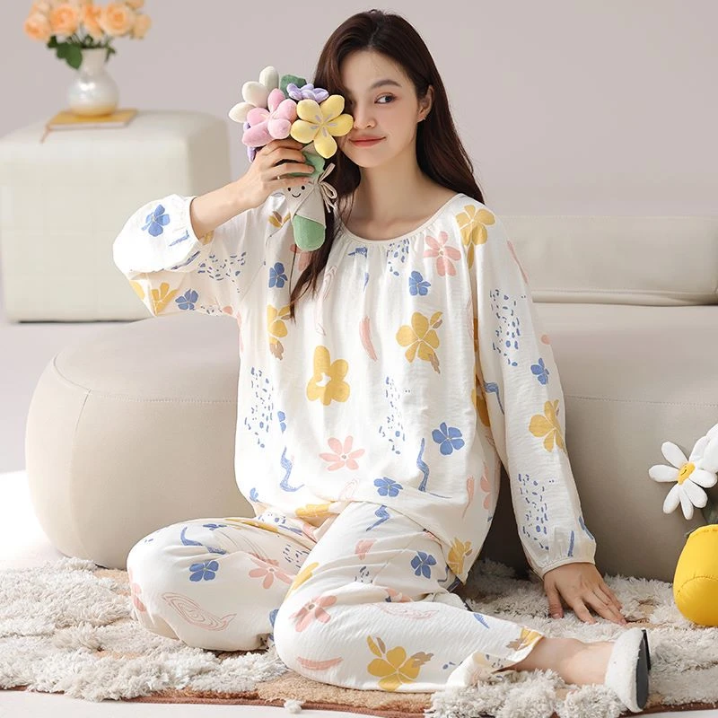 云朵纯棉【白茶花开～带胸垫】春季新品舒适透气家居服可外穿6955