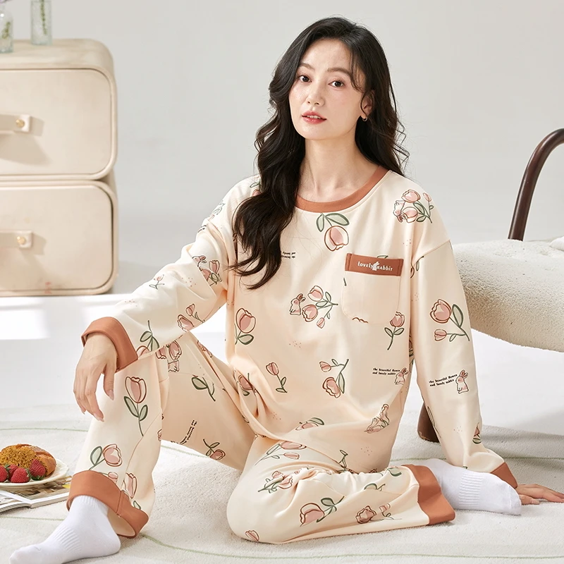 秋款纯棉【郁金香～拍一发三】长袖长裤舒适家居服套装可外穿92103