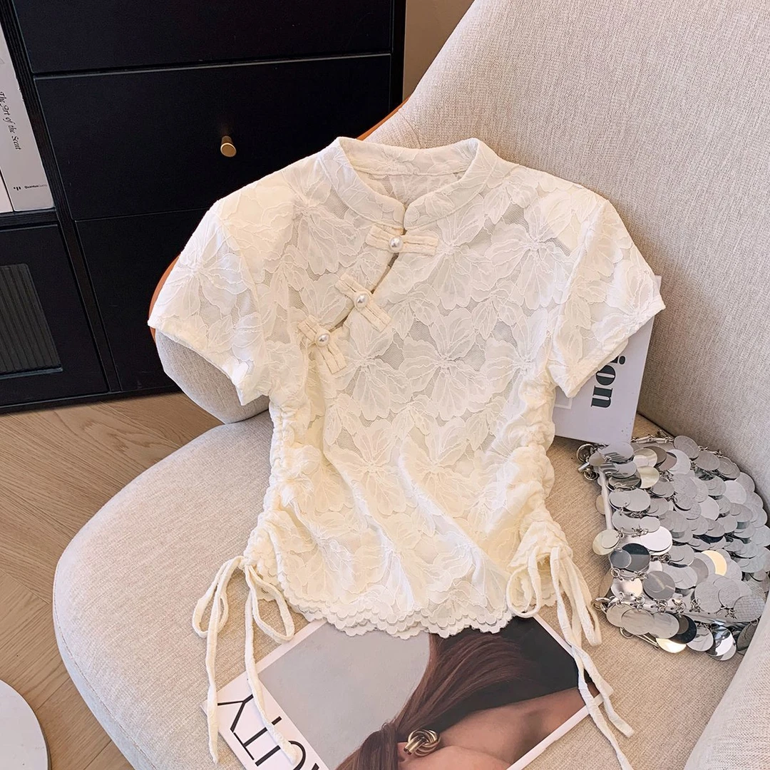 新中式国风盘扣提花刺绣蕾丝衫短袖新国风女设计感抽绳收腰上衣