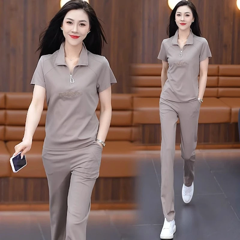 冰丝休闲运动服套装女2024夏季新款洋气显瘦短袖直筒裤薄款两件套