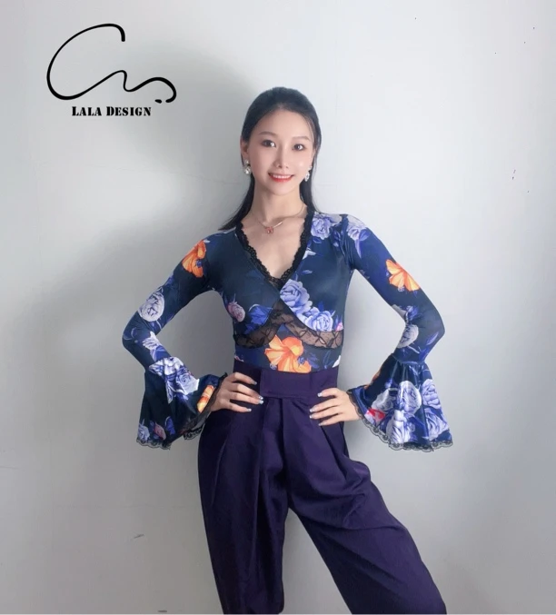 CM摩登舞服断码款上衣《浪漫至上》蔷薇紫花弹力花朵摩登女士练习服