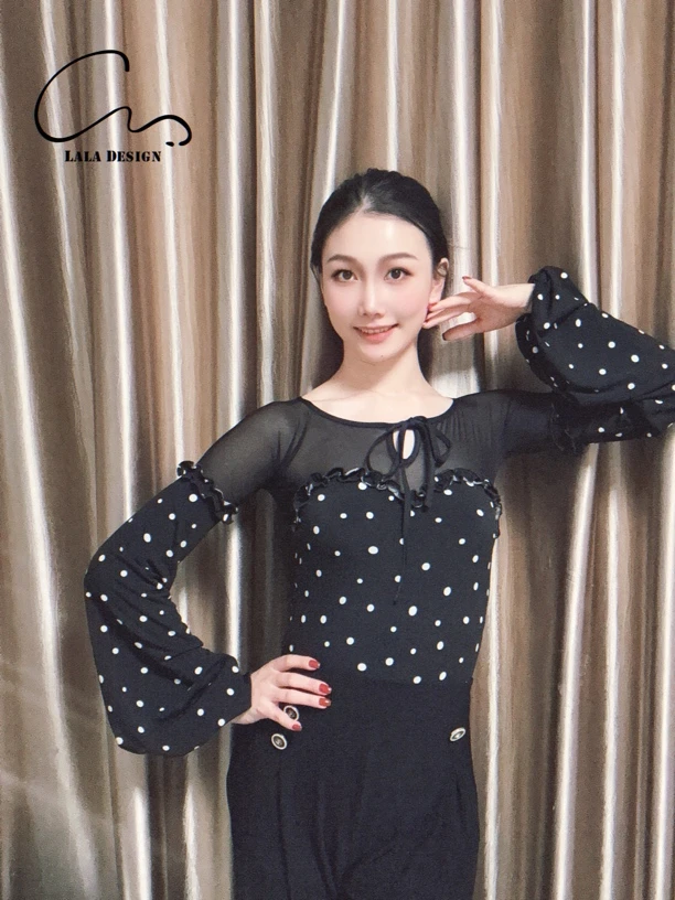 CM舞服花边公主弹力波点修身全包款百搭摩登拉丁练习服女士摩登服