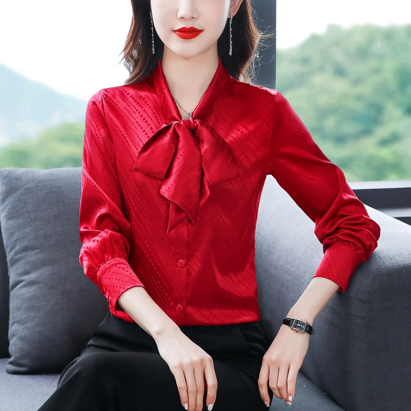 2023秋季新款韩版蝴蝶结时尚雪纺衬衣女洋气百搭遮肚显瘦长袖上衣