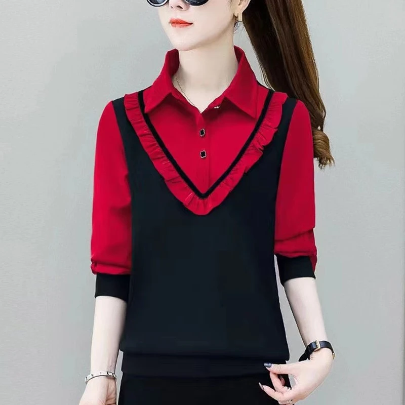 长袖衬衫女2023秋冬新款时尚洋气显瘦百搭小衫假两件拼接气质上衣