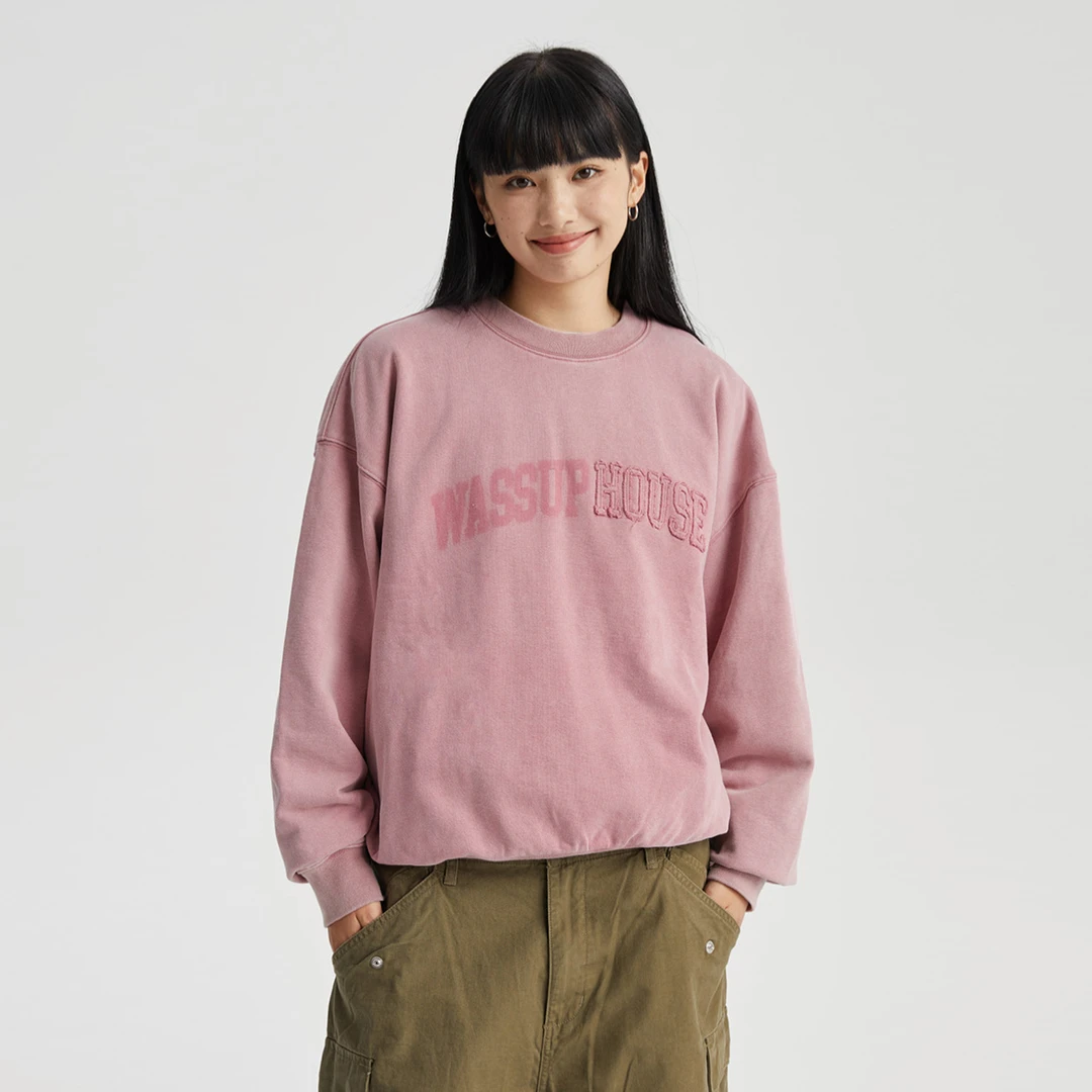 WASSUP重水洗破坏贴布绣圆领卫衣2023新款美式休闲卫衣圆领WASSUP