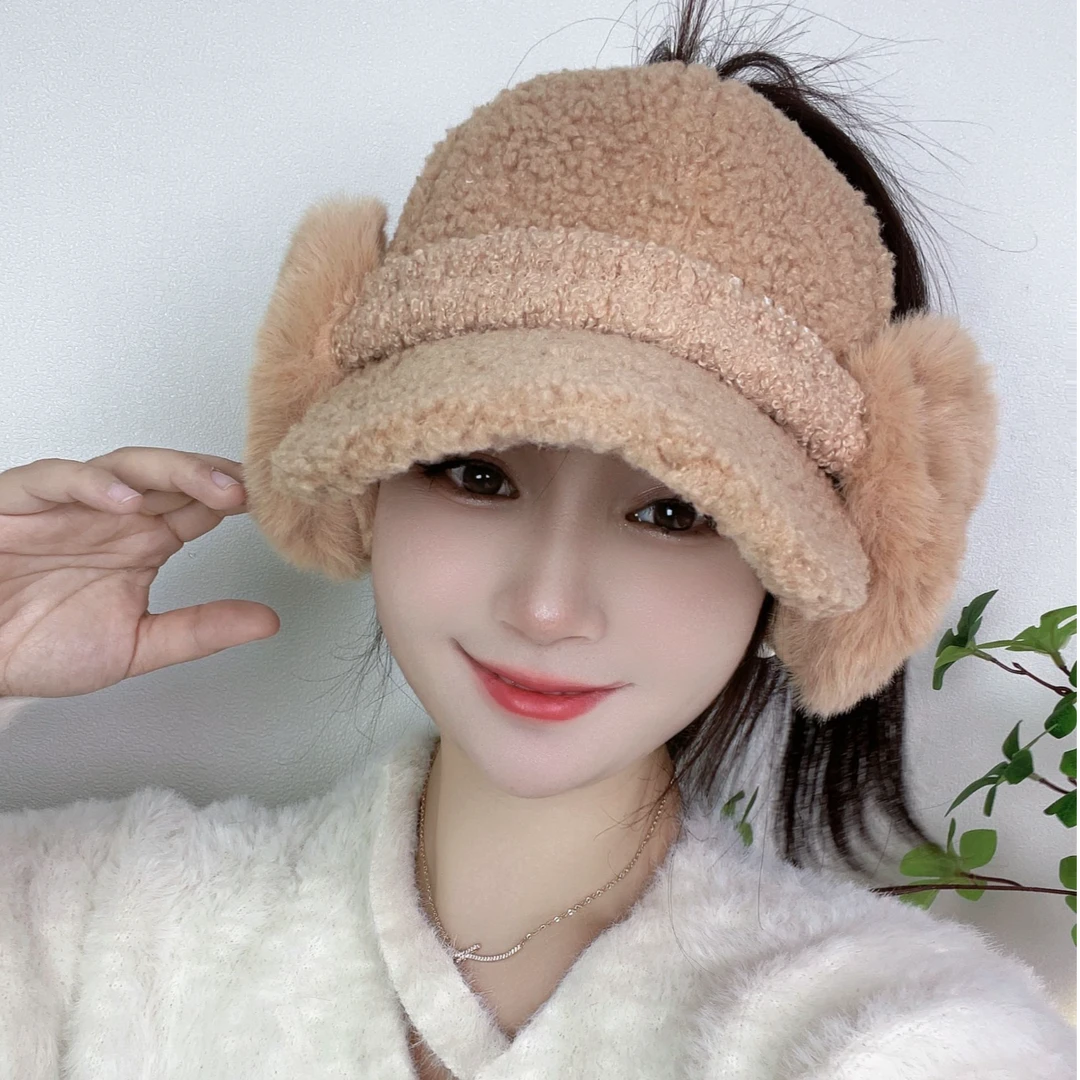 冬天可扎马尾鸭舌帽帽子女加厚保暖毛绒耳罩护耳时尚百搭帽加绒