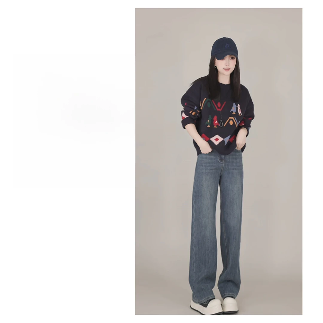 冬季新款时尚休闲百搭洋气菱格宽松卡通图案套头针织毛衣QYLA1308