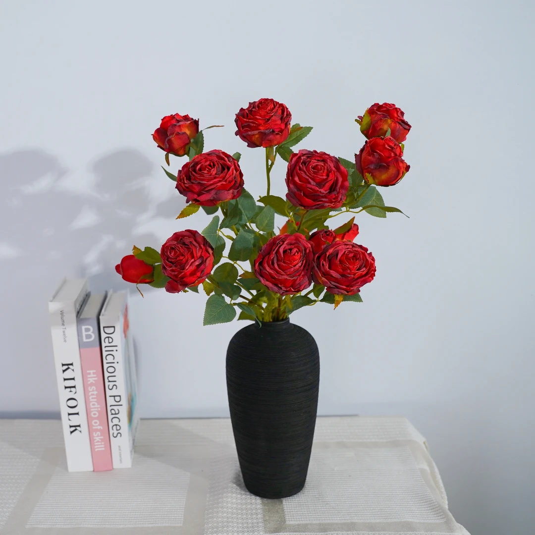 中式复古烧焦卷边手工玫瑰高档仿真花装饰绢花餐桌摆件婚礼摆放