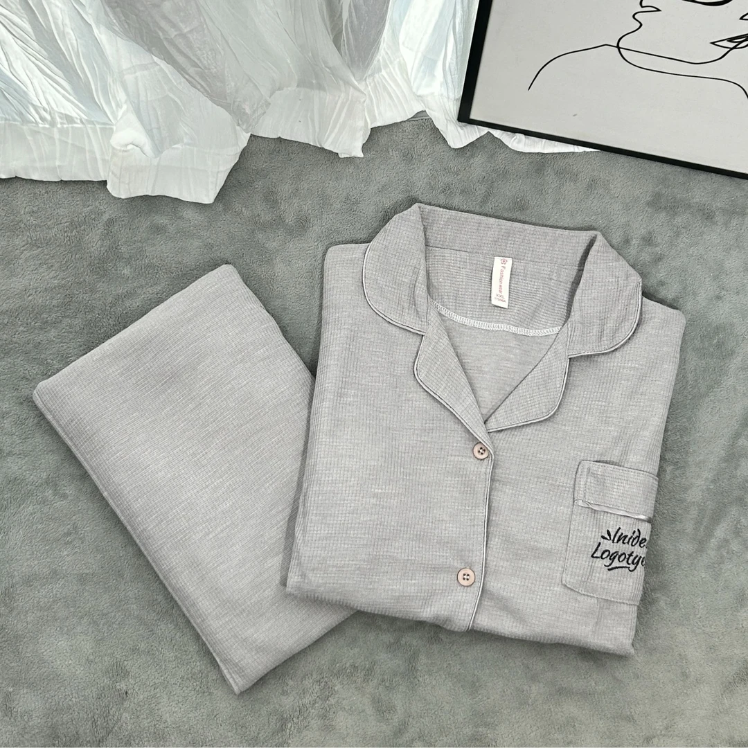 早秋轻奢款简约棉质翻领宽松睡衣长袖长裤可爱开衫大码家居服外穿