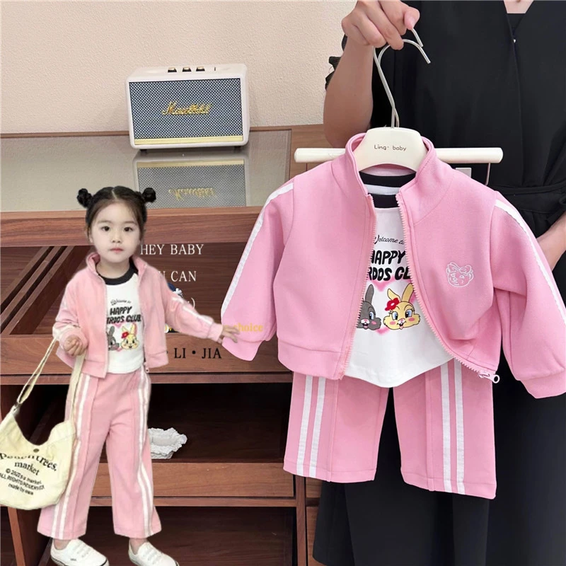 女童休闲运动套装春季新女宝宝粉色外套裤子插肩袖T恤三件套78051