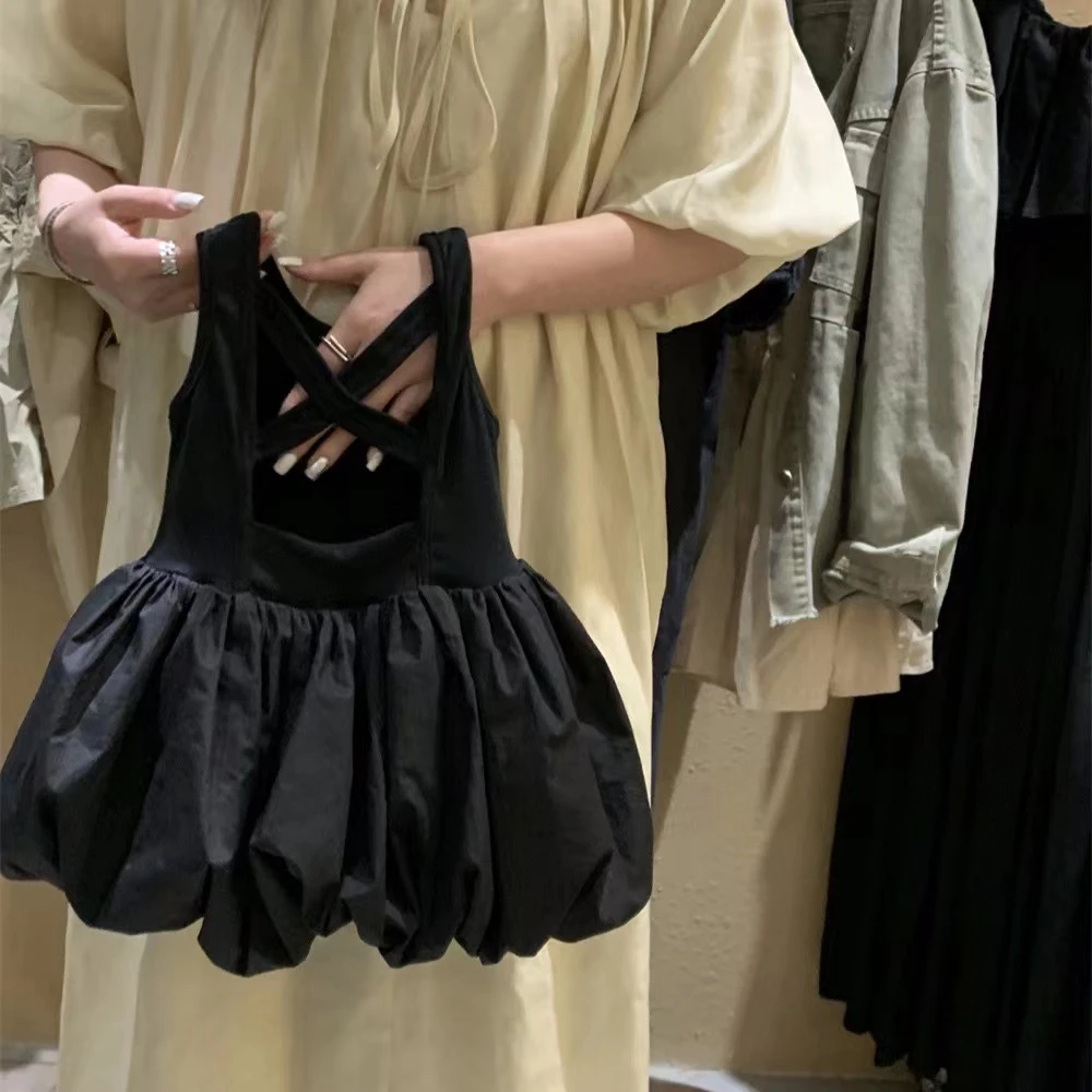 圆子家 女童露背小黑裙女童韩系花苞连衣裙儿童蓬蓬裙背心裙洋气