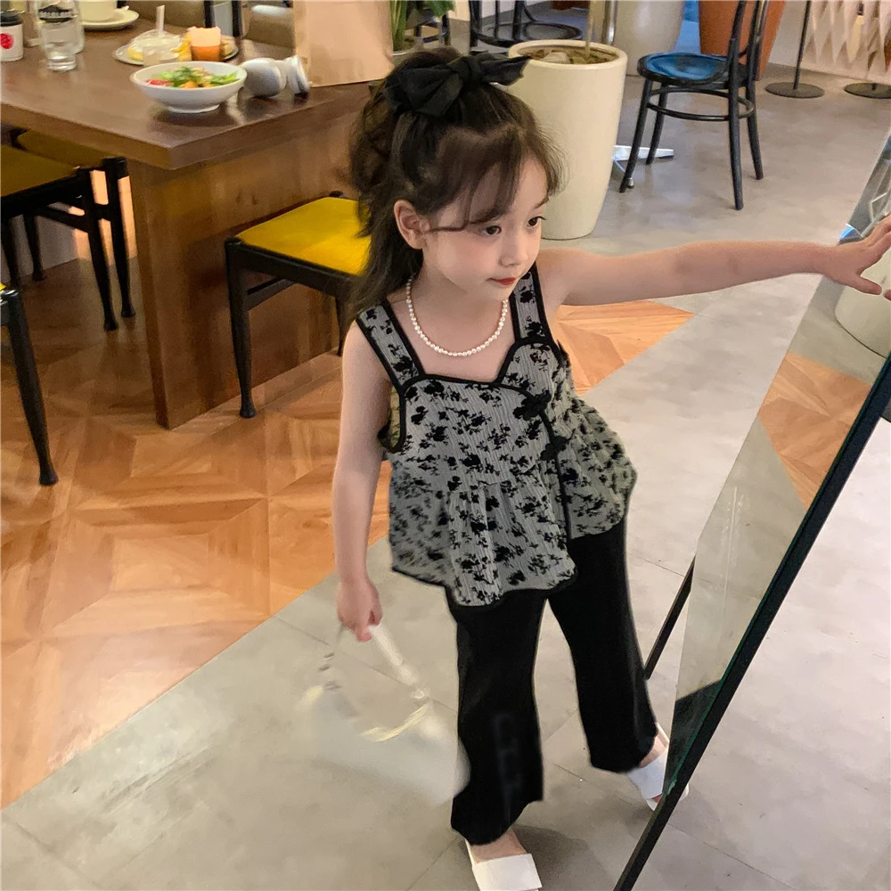 夏新款套装女童洋气复古花朵盘扣吊带背心冰凉褶皱裤两件套38125