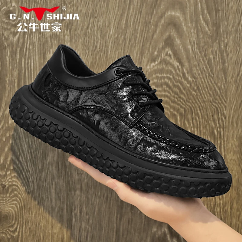 公牛世家四季皮鞋黑色男鞋大头真皮休闲男皮鞋商务正装厚底增高鞋