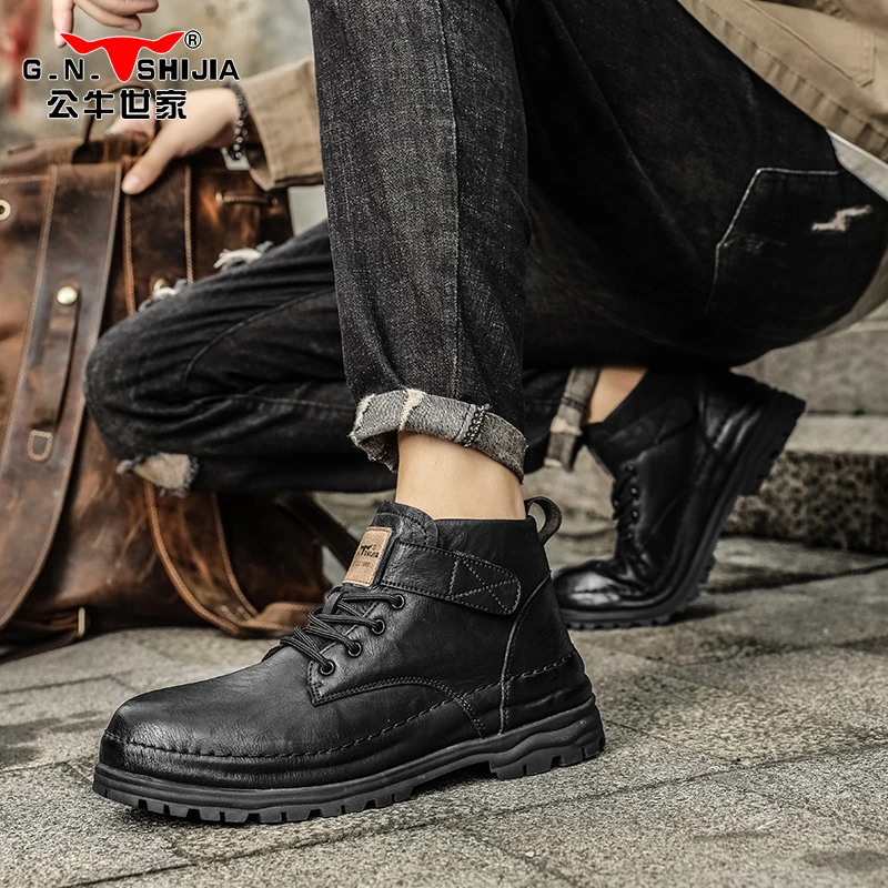 公牛世家马丁靴男鞋秋季新款英伦高帮厚底增高休闲时尚复古工装鞋