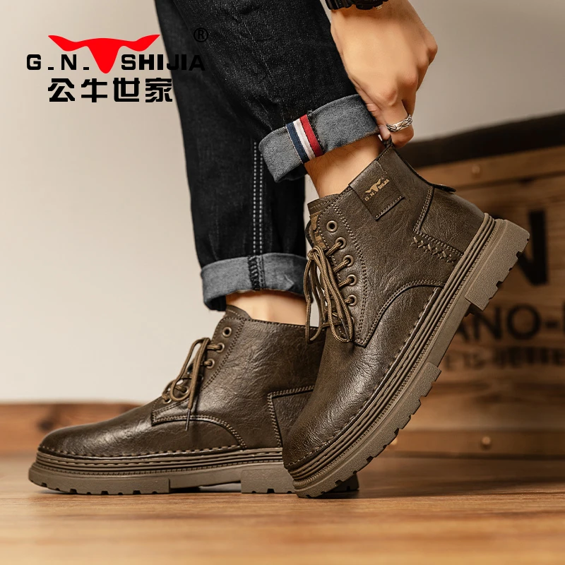 公牛世家秋季新款马丁靴男鞋高帮英伦风机车皮鞋复古男士工装潮鞋