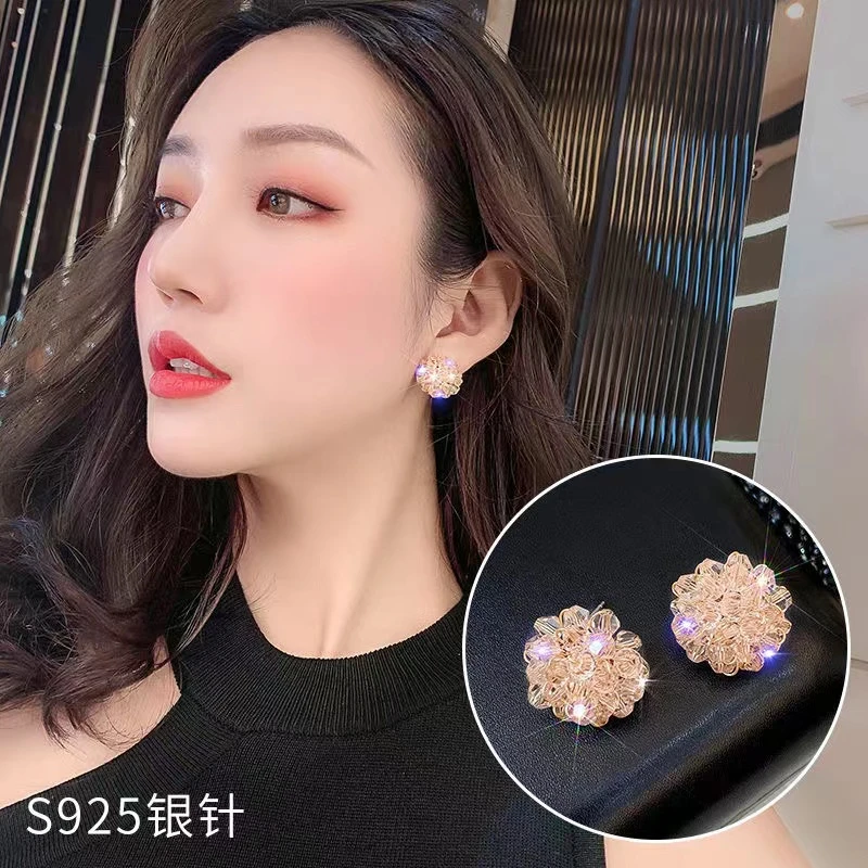铜合金耳饰 高级感925银针水晶耳钉气质轻奢个性百搭超仙花朵耳坠